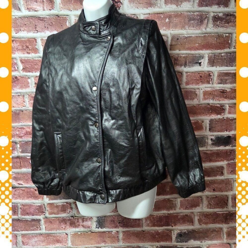 Vintage 80s Winlit Leather Jacket 9/10 Black Motorcycle Bomber Snap Collar Lined